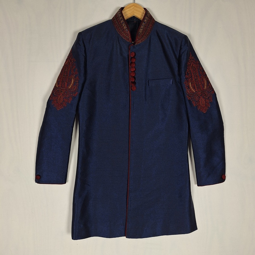 Azania Sherwani Jacket Indian Formal Embroidered Navy Blue Size 38